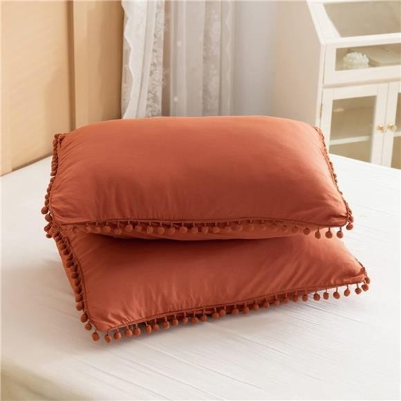 Terracotta Queen Comforter Set 3pcs Boho Ball Pom Bedding Aesthetic Burnt Orange - Picture 4 of 6
